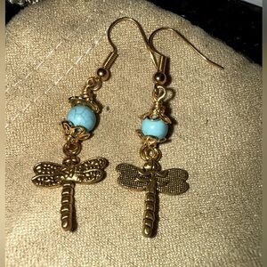 Gold plated dragonfly earrings with turquoise